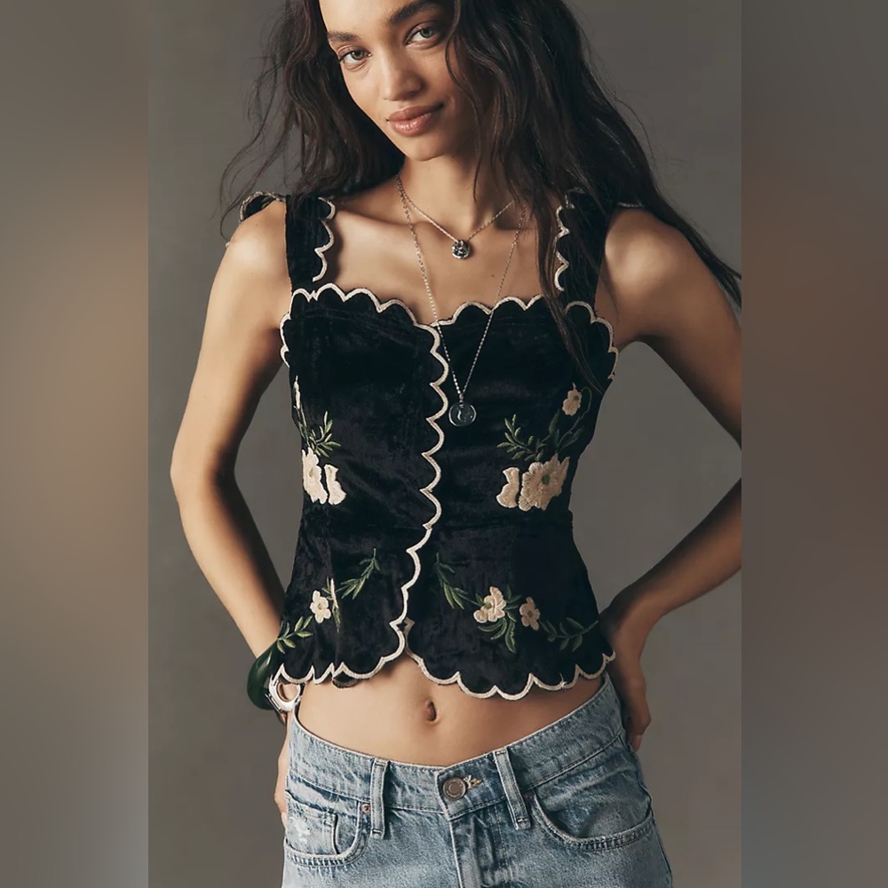 New Anthropologie Maeve Black Waisted Scallop Embroidered Blouse Top Shirt XL - Picture 1 of 8
